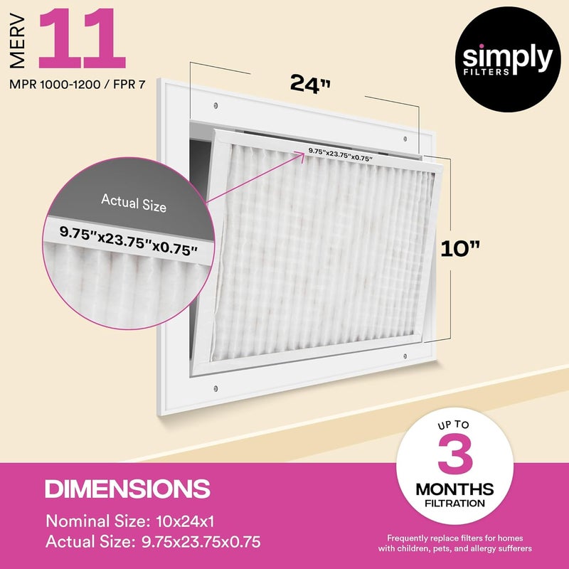 SIMPLY 10x24x1 Air Filter, Merv 11, MPR 1000, 6 Pack, Furnace Air Filter for HVAC (Actual Size: 9.75"x23.75"x0.75") DUST, Pet, & Allergy Control - Image 3
